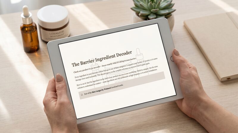 The Barrier Ingredient Decoder shown on a tablet — preview of the bonus PDF