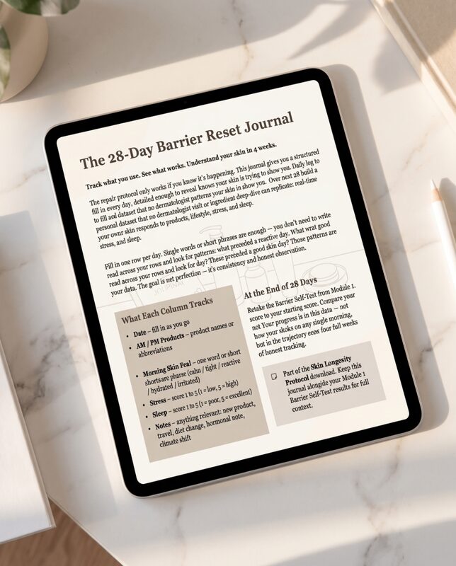 The 28-Day Barrier Reset Journal shown on a tablet — preview of the bonus PDF