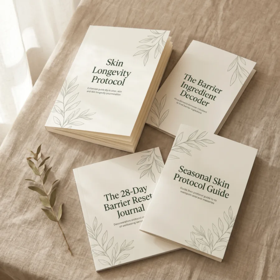 The Skin Protocol — Skin Longevity Protocol guide and bonus bundle on linen flatlay