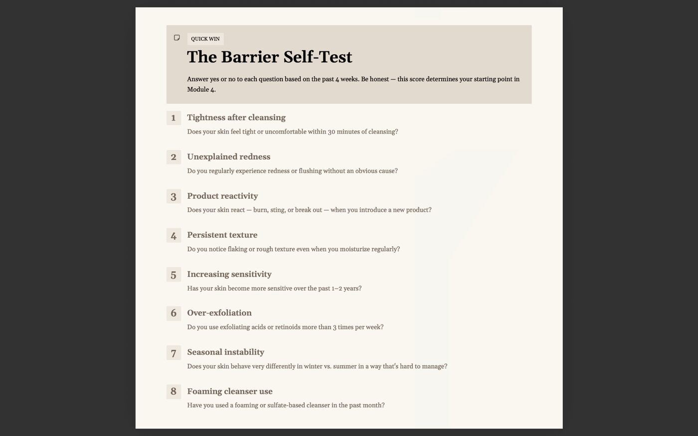 The Barrier Self-Test — preview of an interior page from The Skin Longevity Protocol
